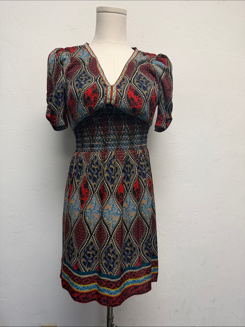 Alice + Olivia Red & Blue Paisley Smocked Waist Mini Dress.  Great Holiday Dress